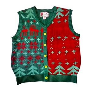 Merry Christmas Ugly Holiday‎ Sweater Vest XXL Red Green Reindeer Snowflake Knit